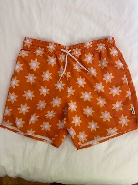 Sandro Mens Orange Floral Swim Trunks